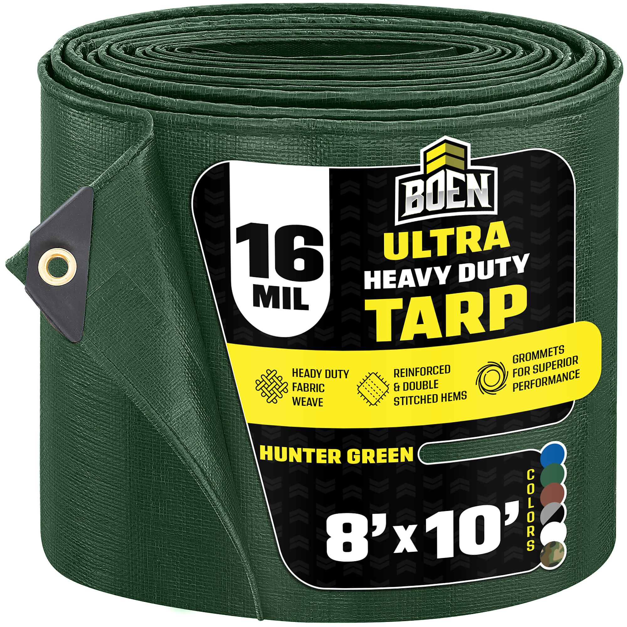 Boen 8 ft x 10 ft Hunter Green Tarp,  16 Mil Thick Waterproof Ultra Heavy Duty Cover, Rip Proof Tarps, Thick Weave Material, UV Resistant Great for Tarpaulin Canopy Tent, Boat, RV or Pool Cover